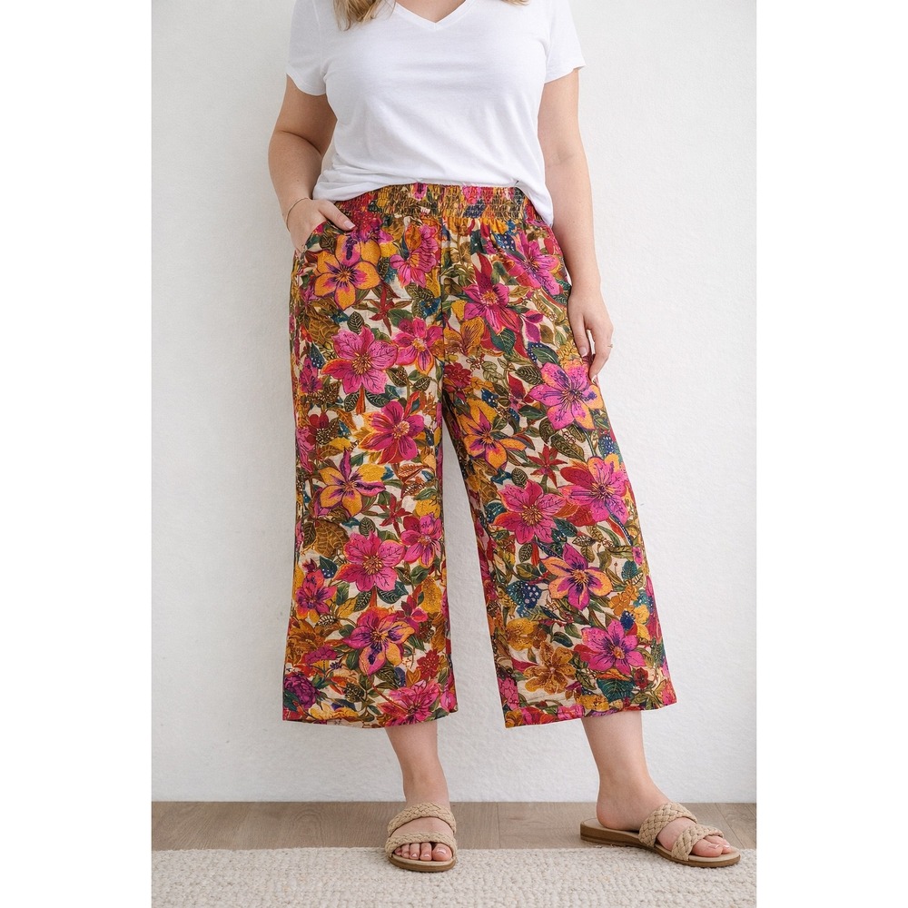 NWT Rose + Olive Wide Leg Pants Floral Boho Cropped 2X Pull On